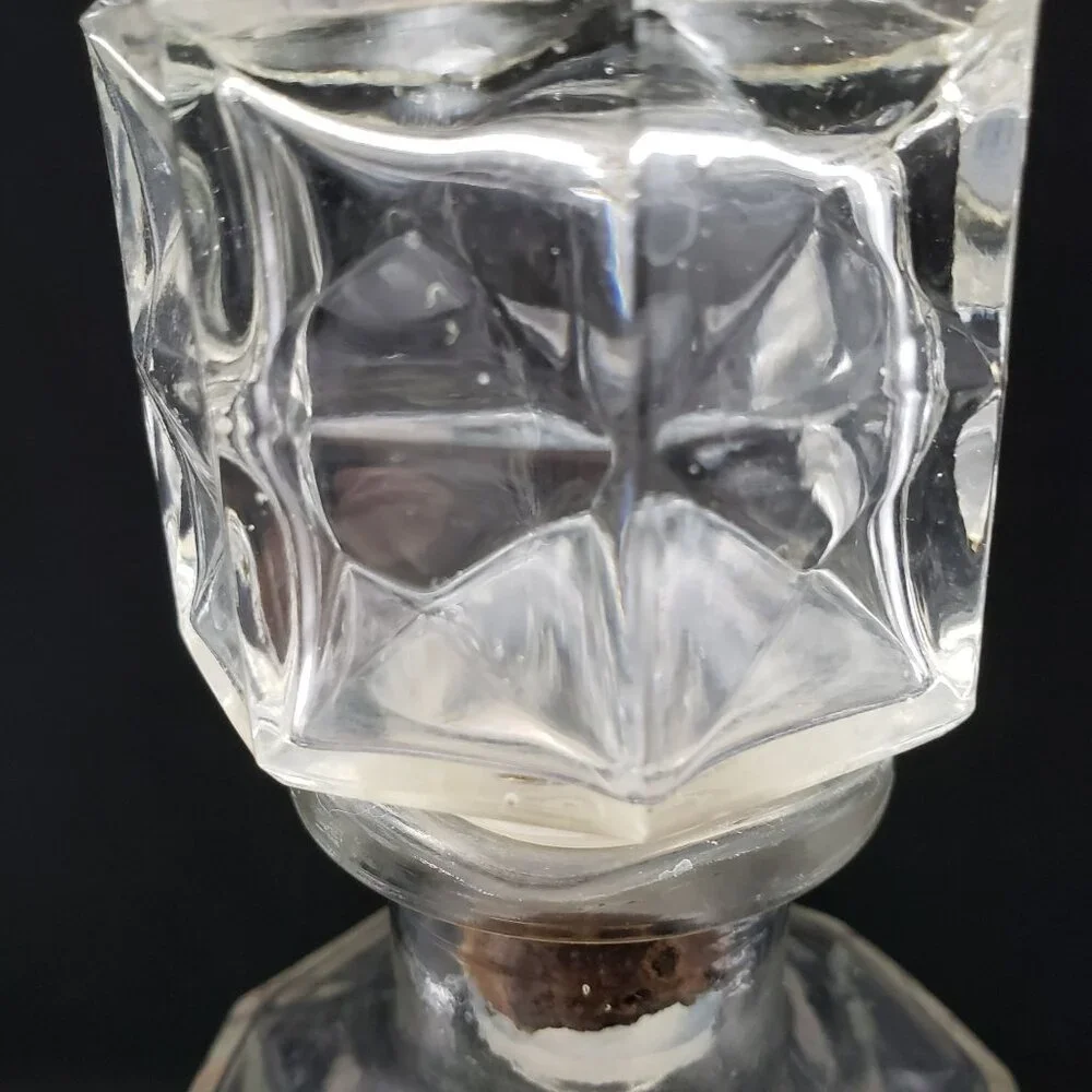 Vintage Pressed Glass Liquor Decanter w Stopper Geometric Pattern 11.5